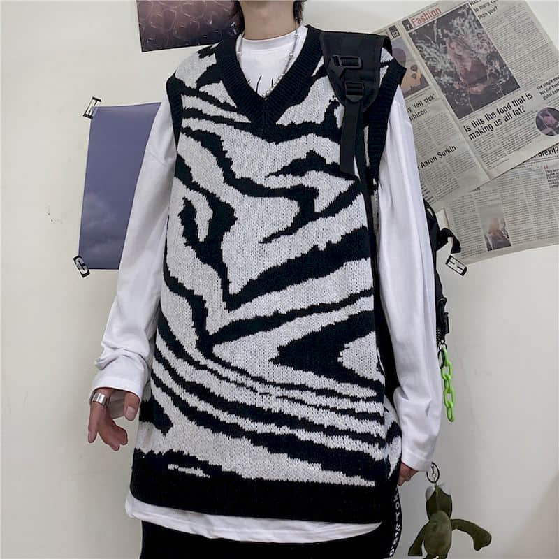 Streetwear punk kamizelka kobiety mężczyźni topsTrend ins biodro-chmiel ulica czarno-biały wzór zebry bez rękawów kamizelka z dzianiny sweter kamizelka