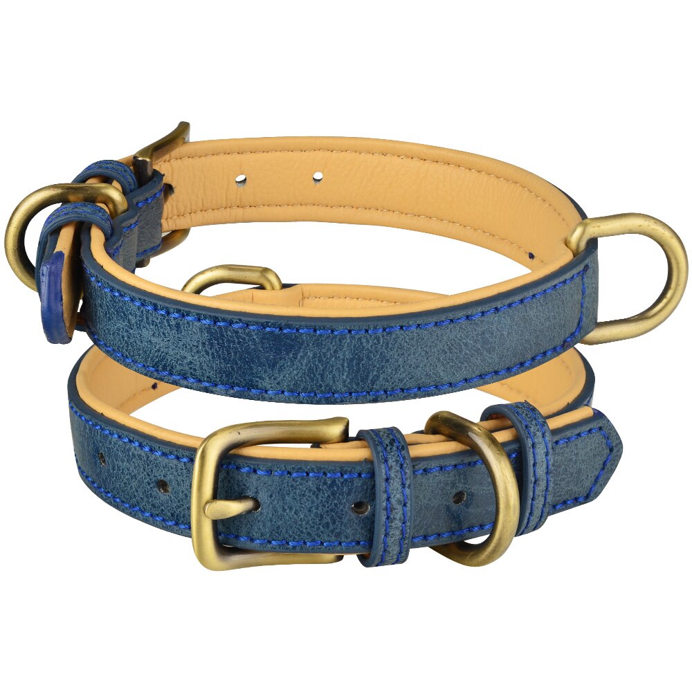 Leather Dog Collar Adjustable Double D-ring Dog Control Small Medium Large Dogs: Blue / M 29-38CM