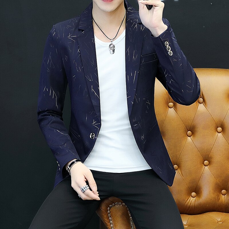 Lente en Herfst Bloemen Afdrukken Prom Pak Blazers Single Button Party Man Casual Slim Fit Trouwjurk Jasje: Marineblauw / M