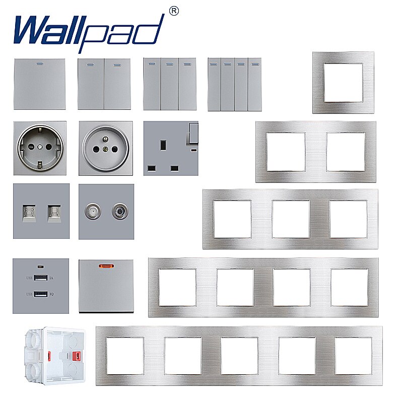 13A Universal Socket With Switch Wallpad Silver Wall Switched Socket Outlet Metal Panel Wall Power Outlet with Neon