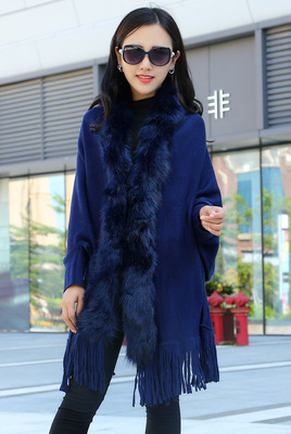 Forår damer faux fur krave cape sjal cardigan grå kvinder kvaststrik cardigan sweater poncho vinter varm frakke: Blå