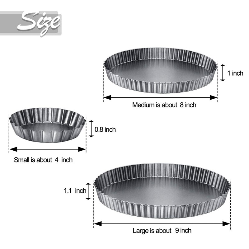 3Pieces Round Tart Pan Bakeware Round Tart Carbon Steel Quiche Pan with Removable Bottom for Oven Baking(4/8/9Inch)