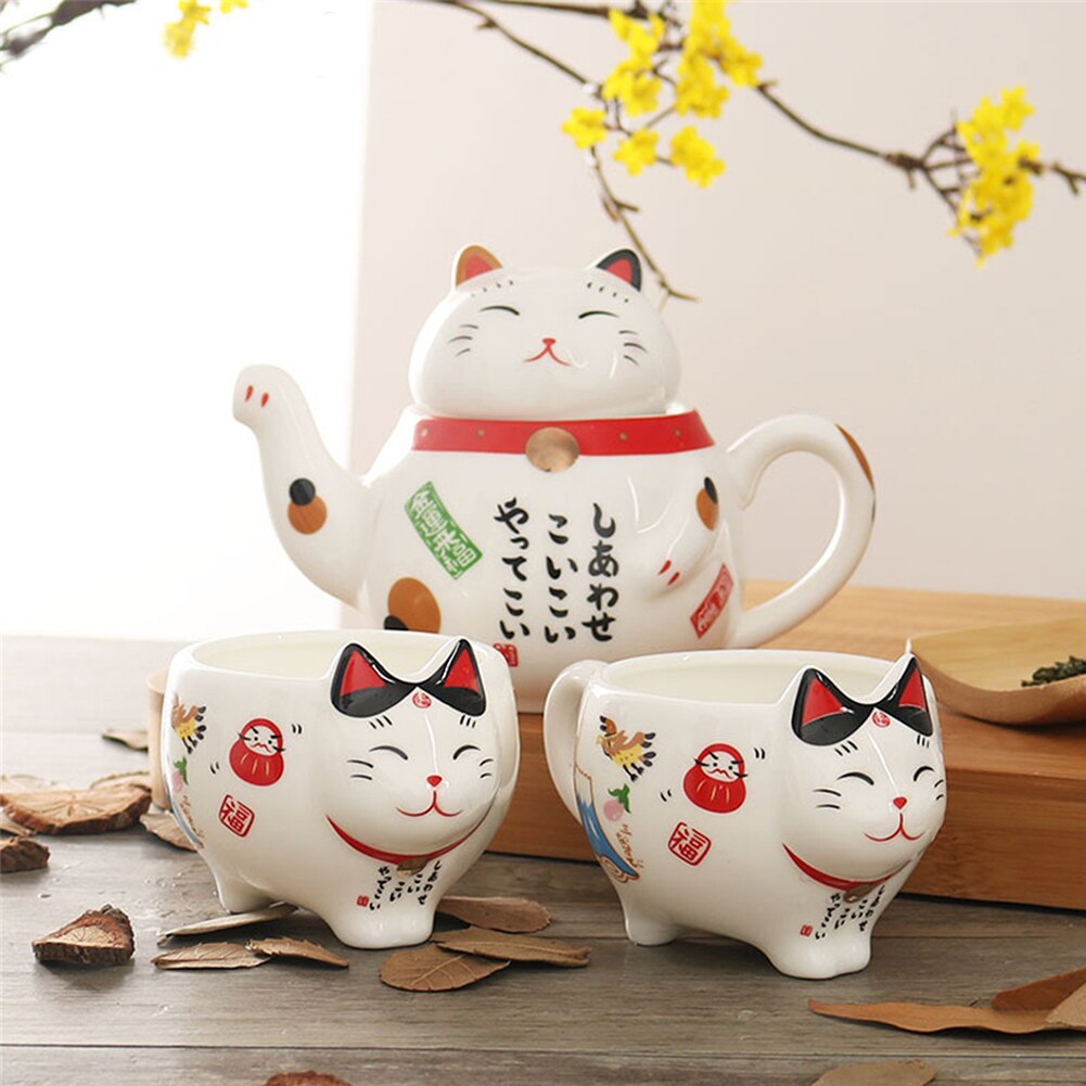 Théière en céramique en forme de chat Plutus, 2 tasses mignonnes en forme de chat porte-bonheur, café et lait, ensemble de 3 pièces/lot
