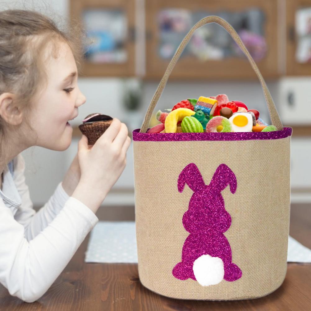 Easter Bunny Basket Canvas Cotton Egg Candy Storage Basket With Fluffy Tail For Easter