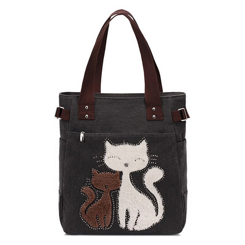 Dames Canvas Tas Vrouwen Schoudertassen Vrouwelijke Leuke Kat Handtas Casual Totes Lady College School Boeken Tas Boodschappentas Voor meisjes: Black