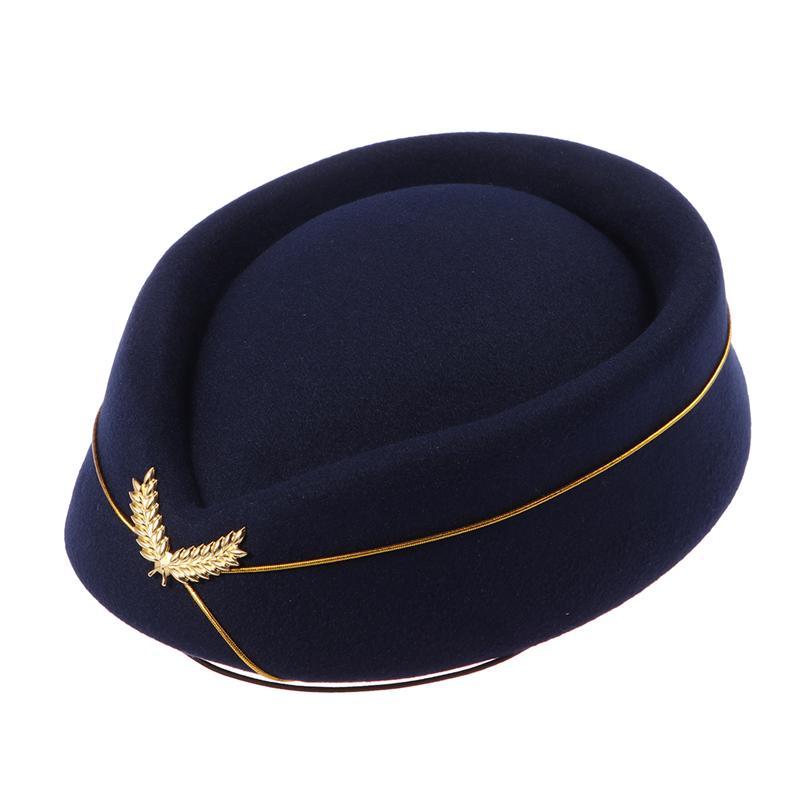 Women Air Stewardess Hat Woolen Flight Attendant Hat Stewardess Cap for Costume Cosplay Musical Performance - Size M(Navy Blue)