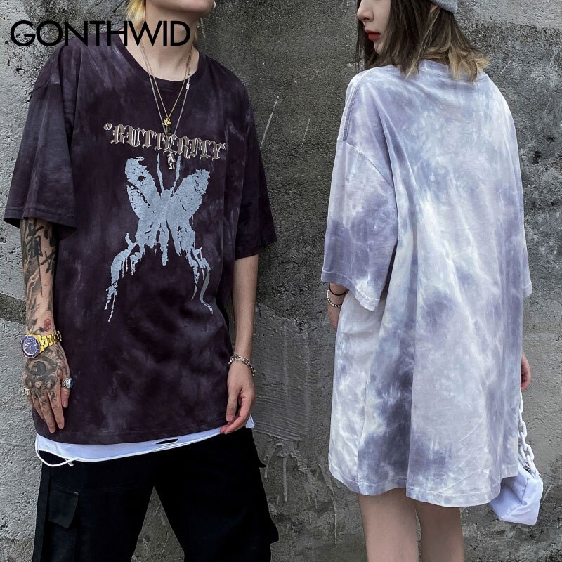 GONTHWID-camisetas con estampado de mariposa desgastado para hombre, ropa de calle Harajuku, Hip-Hop, informal, de algodón, manga corta