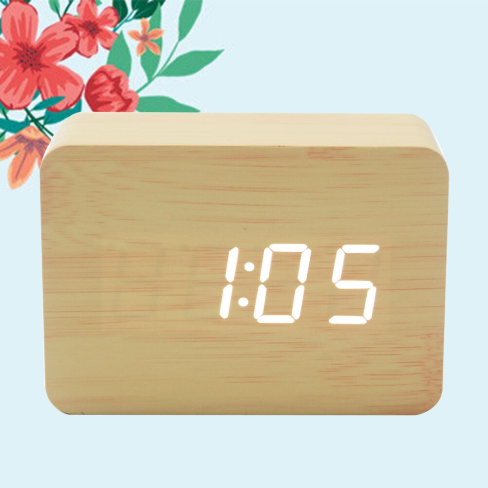 LED Electronic Wooden Clock Alarm Clock Table Clock for Home Office ( Yellow White Word) (Battery): As Shown