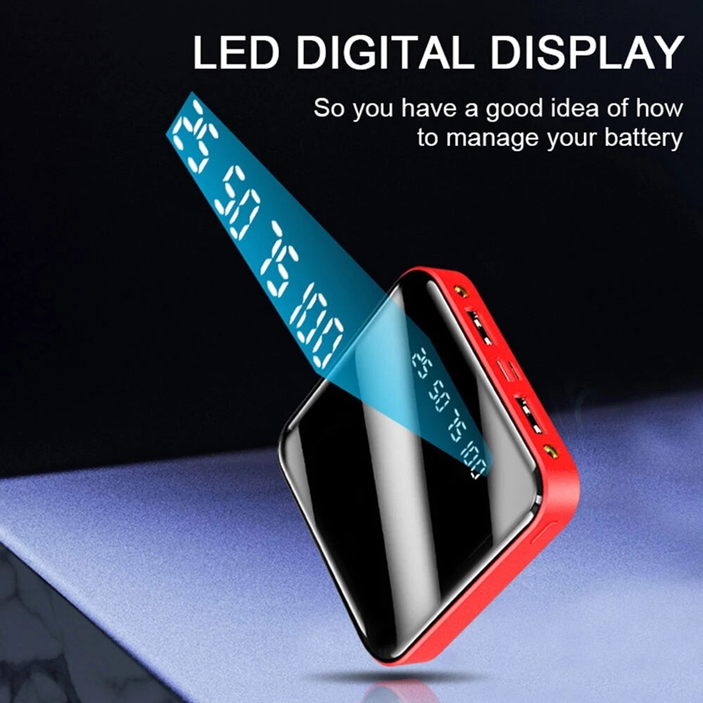 Powerbank 20000 mah, tragbar, ladegerät, powerbank für mobiltelefone, led-spiegel, rückseite, externer akku