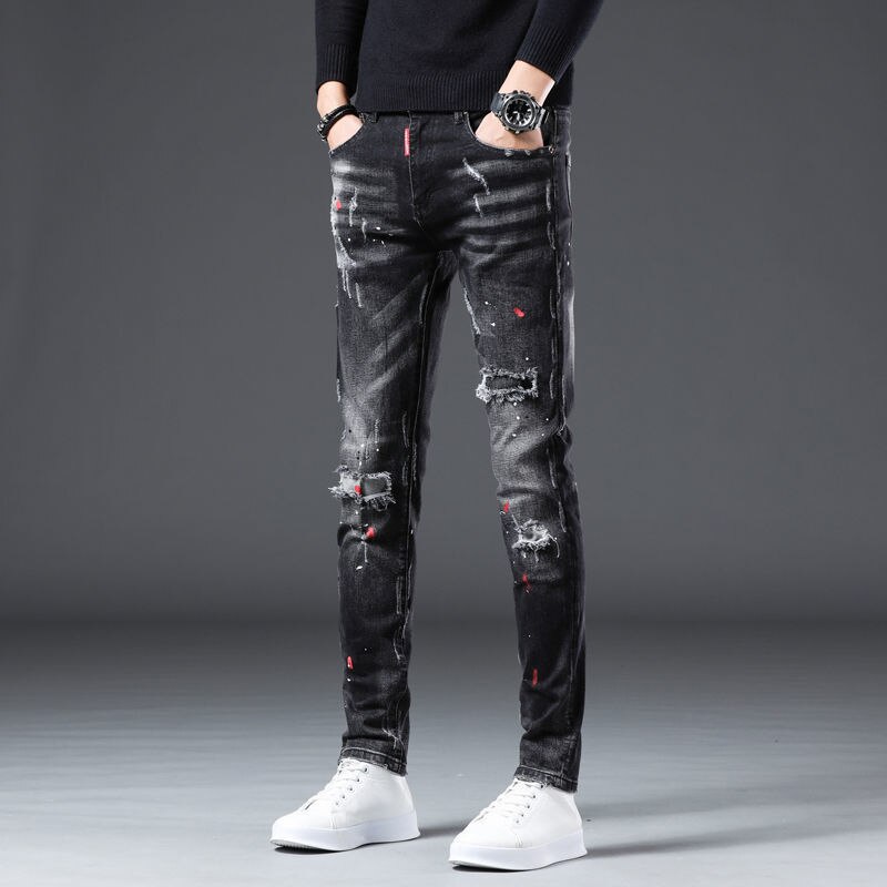 Korea Versie Heren Noble Black Ripped Jeans, Stijlvolle Slim Stretch Jeans, licht Luxe Splash Inkt Print Jeans,Sexy Straat Jeans;