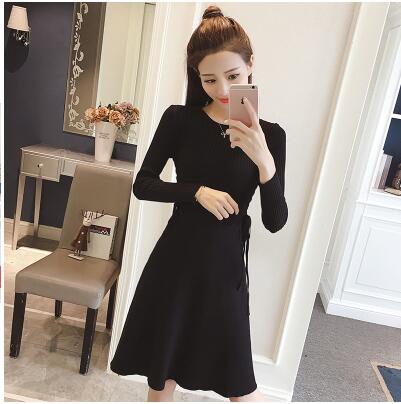 Knitting Long Sleeve Dress Autumn Women's clothing Slim Lace up Elasticity knitted Sweater A-line Dresses: black