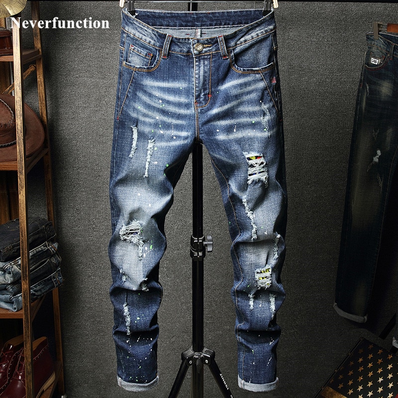 Pantalones vaqueros rasgados para hombre, Jeans ajustados elásticos desgastados estilo Hip de calle con agujeros y estampado de tinta, informales, 2022 –