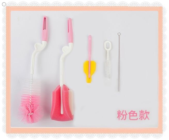 Ensemble de 5 brosses à biberon en plastique, éponge, nettoyeur de bouteilles, pince à mamelon, bouteille de lait en verre, paille de nettoyage, alimentation: Pink Bottle Brushes