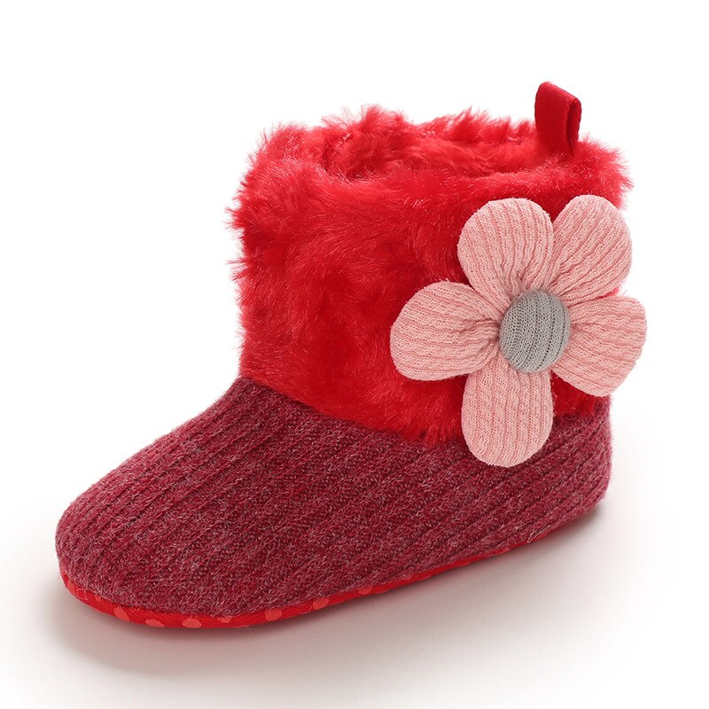 Winter Baby Cotton Shoes Plush Warm Toddler Girl First Walker Shoes Anti-Slip Infant Flower Short Boot Lightweight Soft Sole: Red / 7-12 Months
