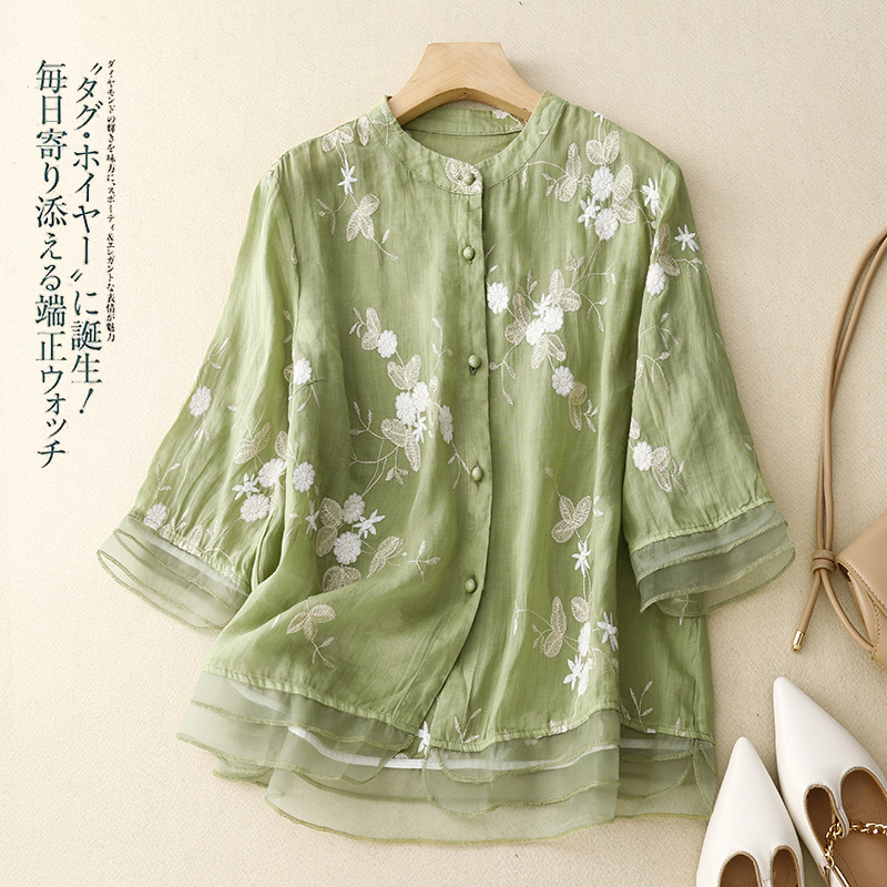 Frühling Sommer Frauen Hemd Bluse gespleißt Dreiviertel Gaze Stand Hals einreihig Brüste Folk bestickte Strickjacke Tops: M / green