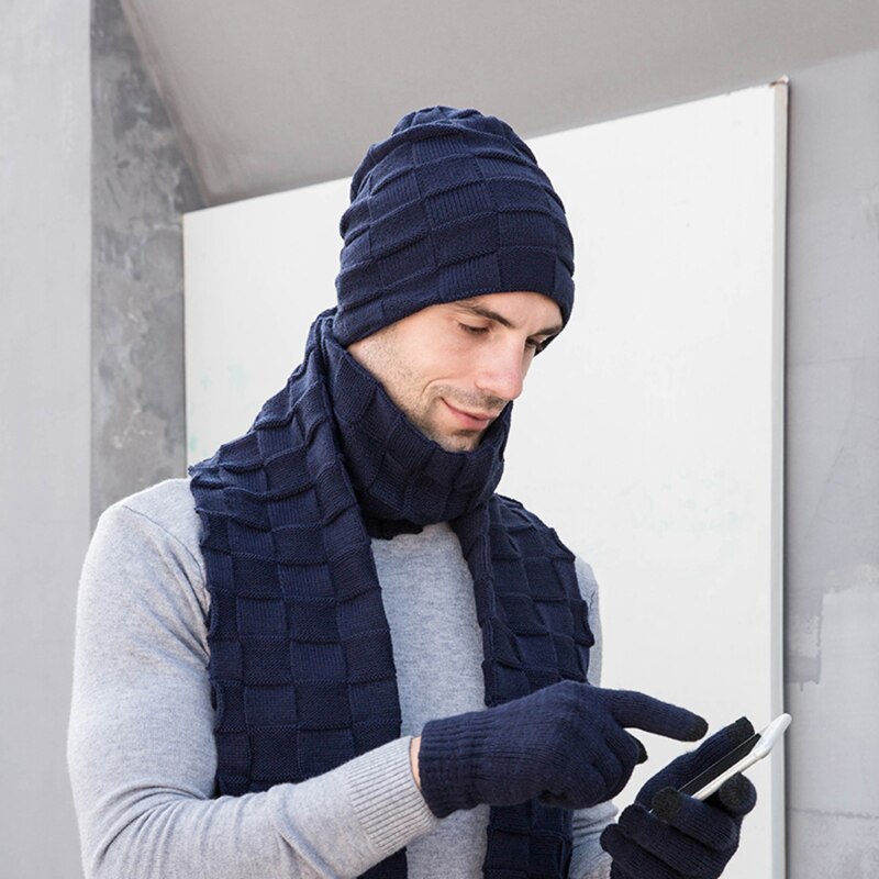 Guanti da uomo a maglia lunga sciarpa cappello impostato 3 pezzi uomo inverno caldo peluche protezione sciarpe e guanti Touchscreen