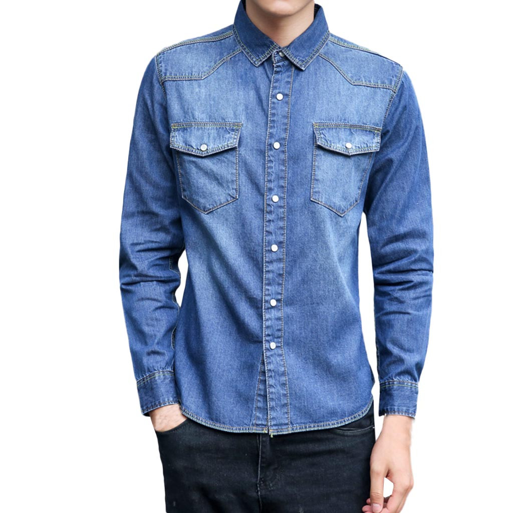 denim shirt Cotton men long sleeve casual shirts Men's Jeans Shirts for Male dress camisa masculina clothes: Brown / XXL