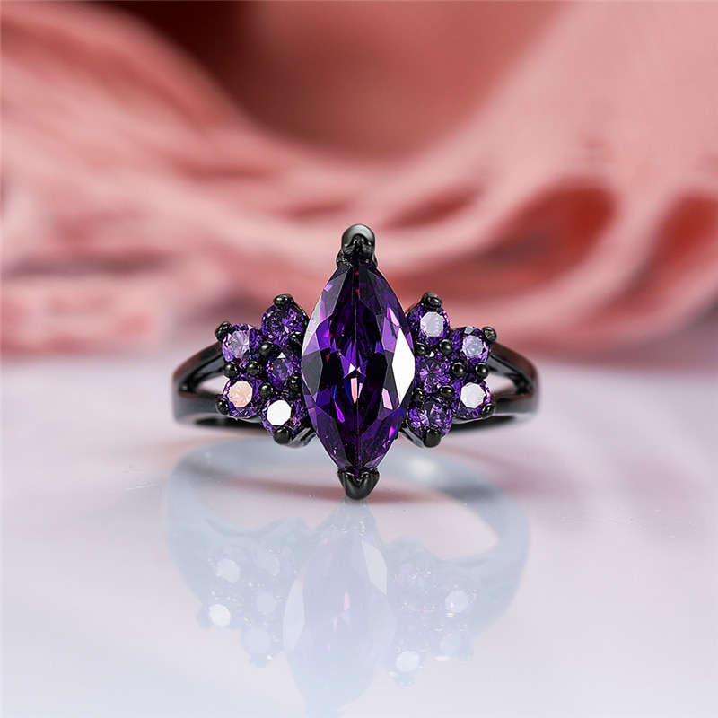 Female Small Purple Stone Ring Vintage Black Gold Wedding Rings For Women Promise Love Engagement Ring