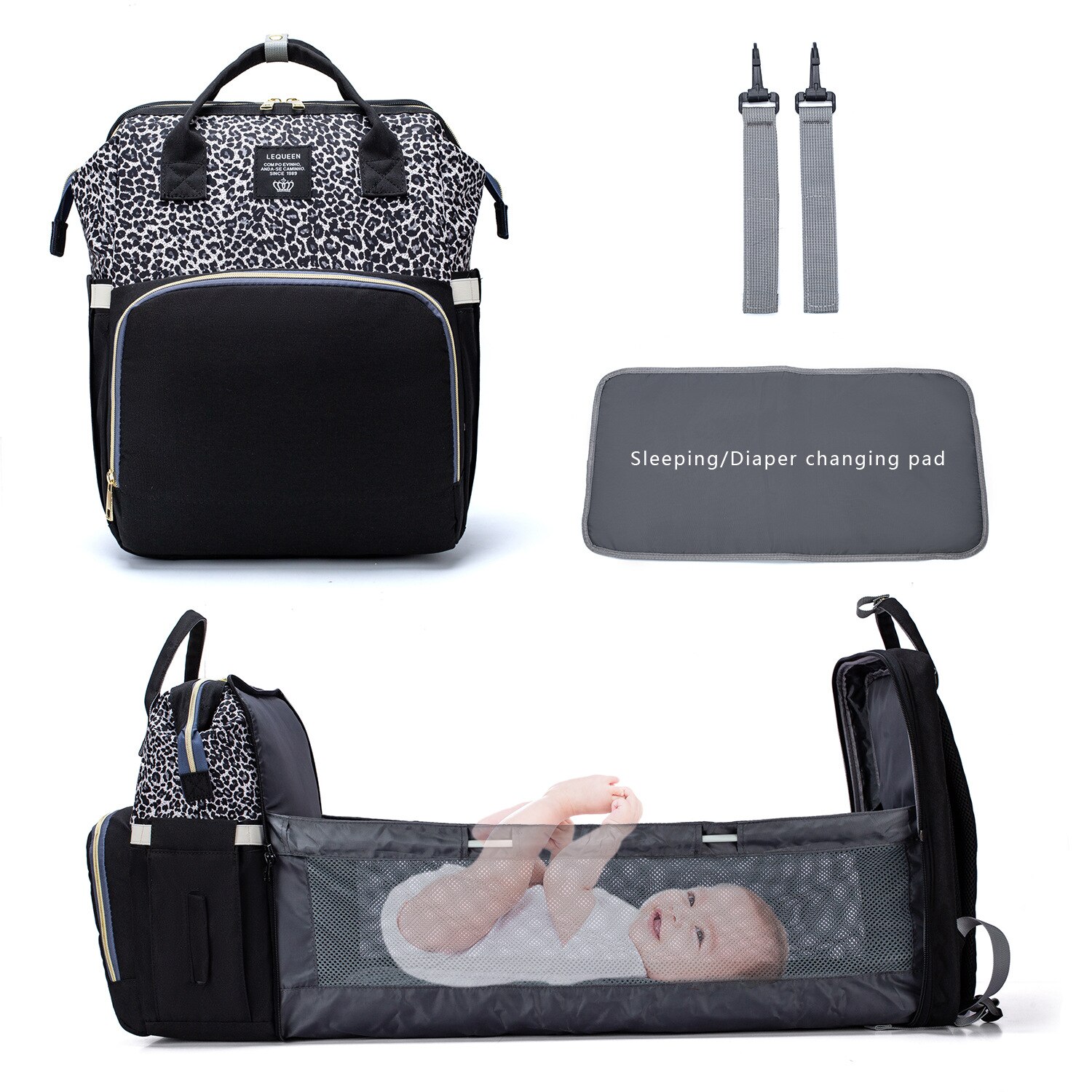 Lequeen – sac à langer en tissu imperméable pour maman, de berceau, sac à dos à crochets pour matelas à langer, sac de lit de maternité LPB22: LPB22-Leopardgray