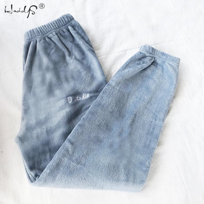 Inverno feminino flanela de veludo pijamas define pijamas grosso solto casual macio quente camisola de casa roupas femininas terno pijamas: Pant Blue