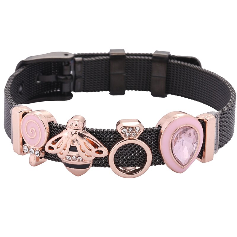 Stainless Steel Pink Lollipop Bracelet For Women Mesh Bracelet Set Crystal Bees Charm Fine Bracelets Bangles for Female Lover