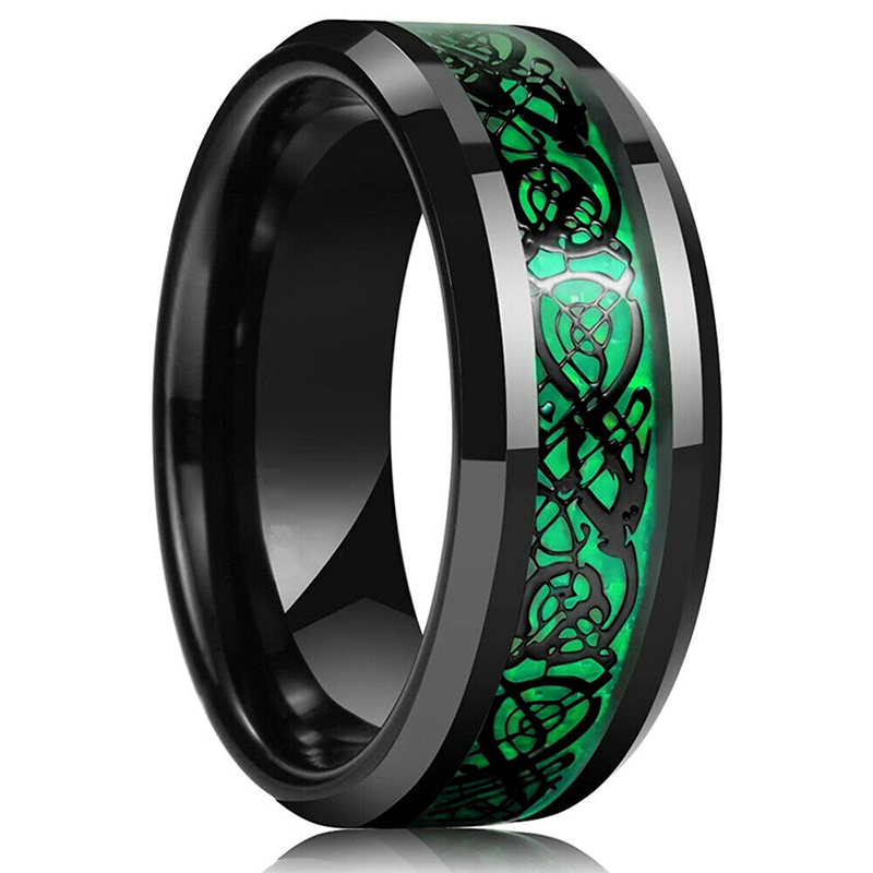 Anillo de acero inoxidable con incrustaciones de dragón celta para hombre, joya de fibra de carbono verde, banda de boda, joyería, Size6-13, 8mm,: 7 / Green