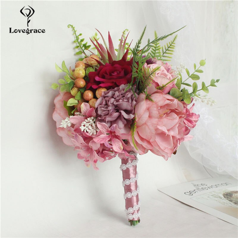 Lovegrace brude bryllup bukett brudepike haug med blomster bryllup forsyninger kunstig silke rose dahlia champagne festdekor: Rød