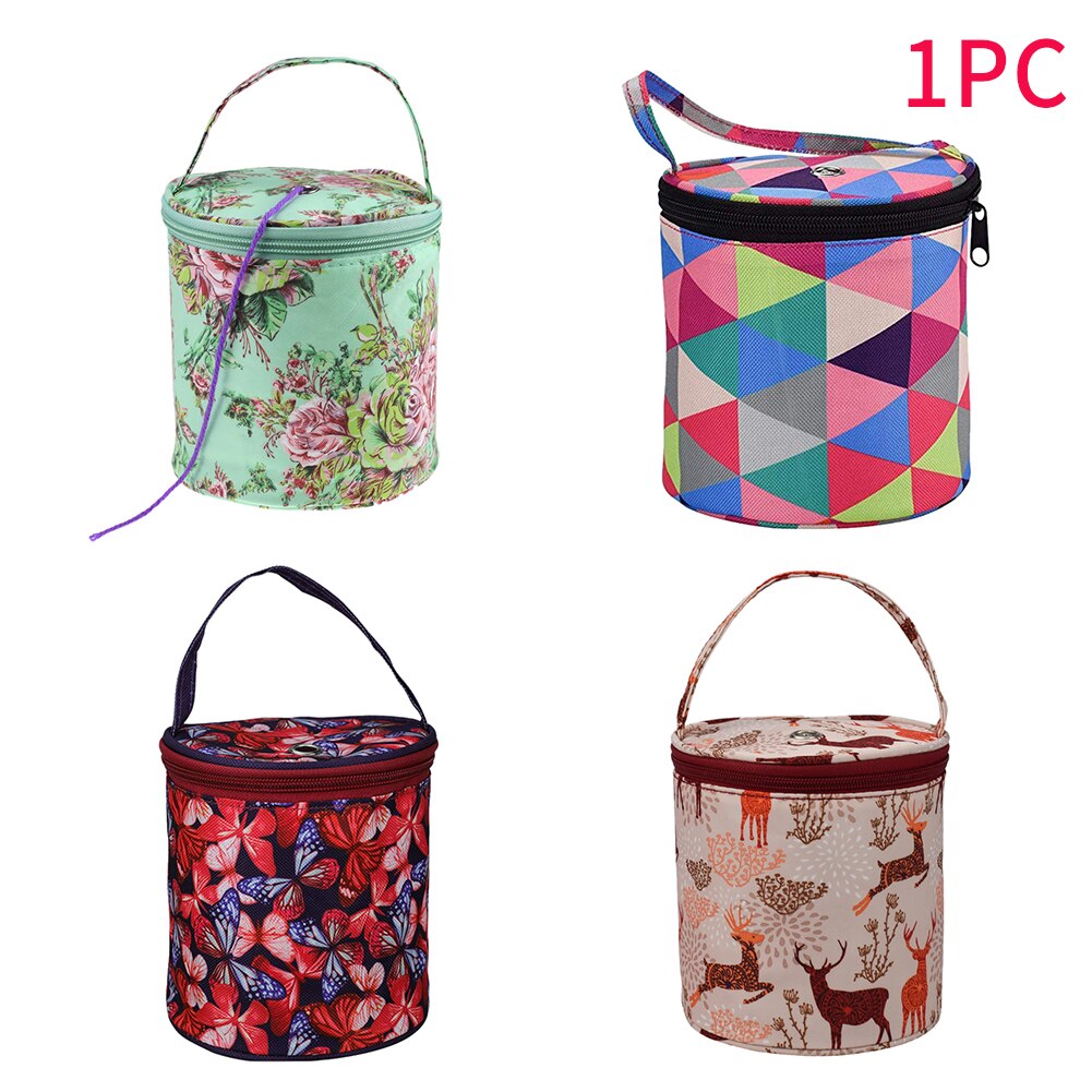 Crochet Tote Practical Zipper Closure DIY Craft With Handle Yarn Storage Weaving Knitting Bag Cylinder Portable Home Hanging