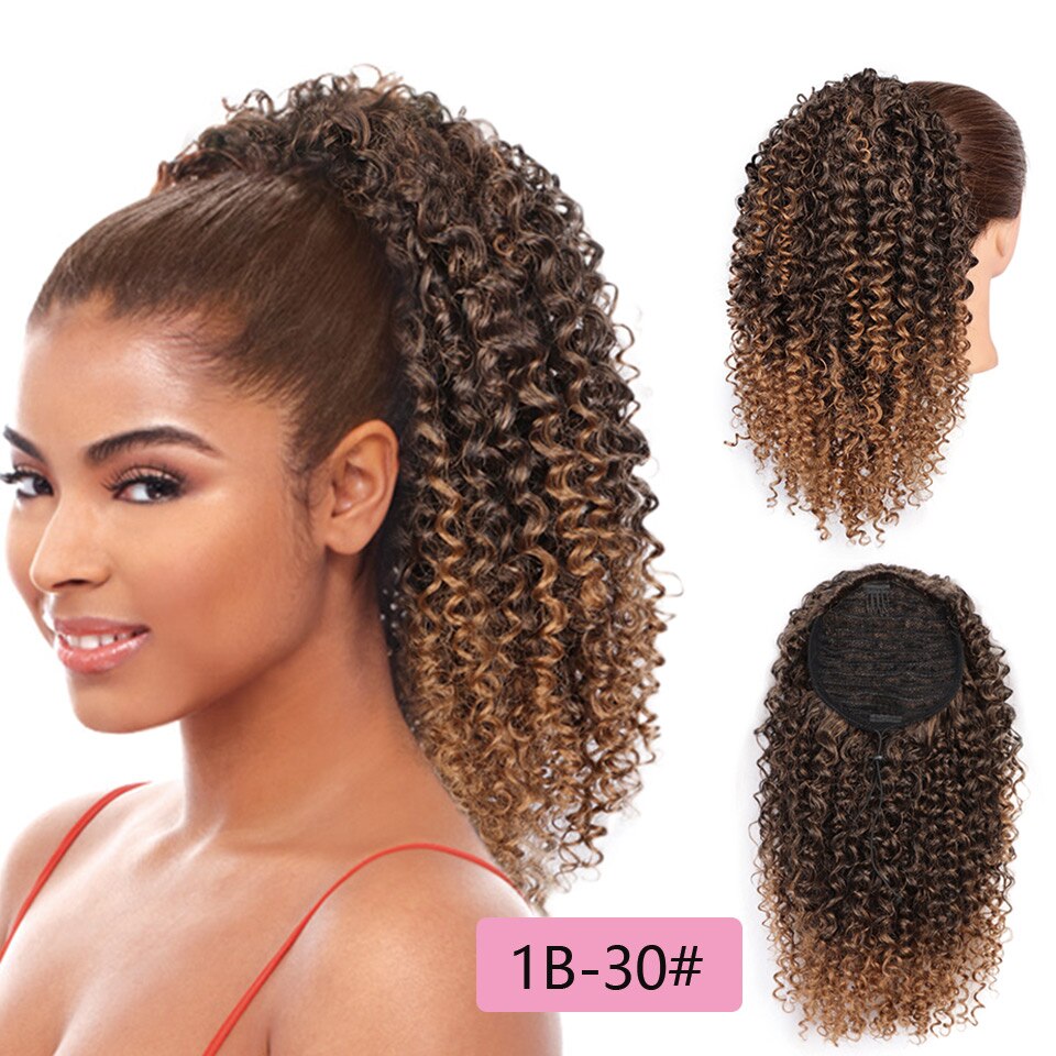 Stamped Glorious Afro Curly Ponytail Hair Piece Long Synthetic Drawstring Ponytail for African American Clip in Hair Extensions: 1B-30