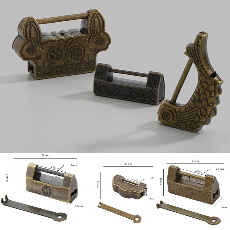 Mini candado chino Vintage de aleación de Zinc, candado de combinación de contraseña con llave de Bronce Antiguo, candado Retro para cajas de joyería, 1 ud.