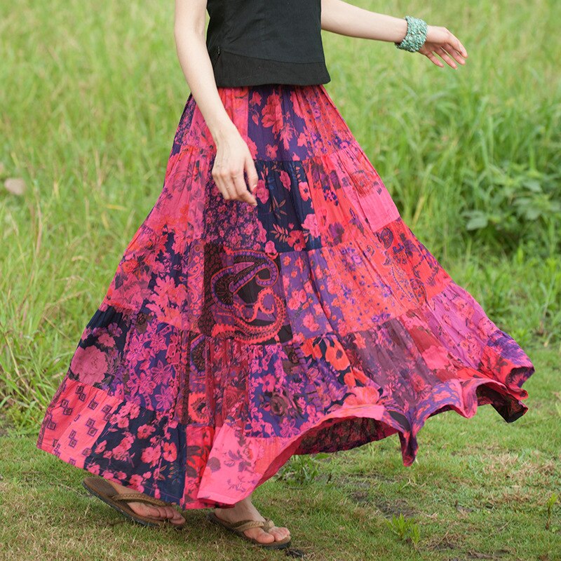 Vrouwen Losse Bohemian Stijl Rokken Dames Elastische Taille Patchwork Rok Vrouwelijke Katoen Rokken 2022 Zomer: Rose Red
