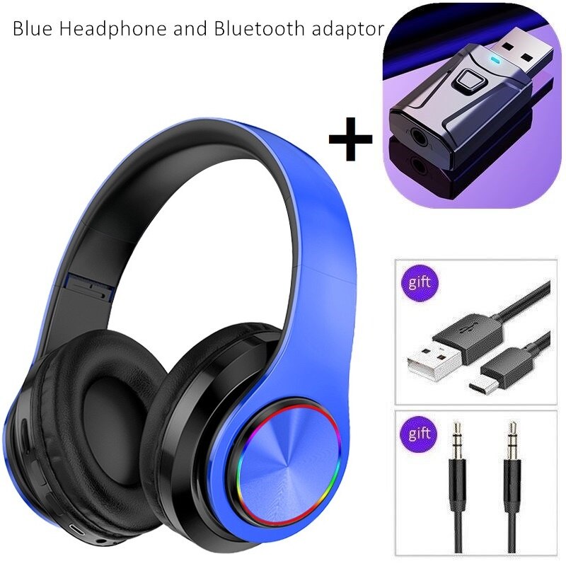 SHOUMI B39 Wireless Headphones - Bluetooth 5.0 Noise Cancelling - LED Light - TF Card Support: B39 blue with bag