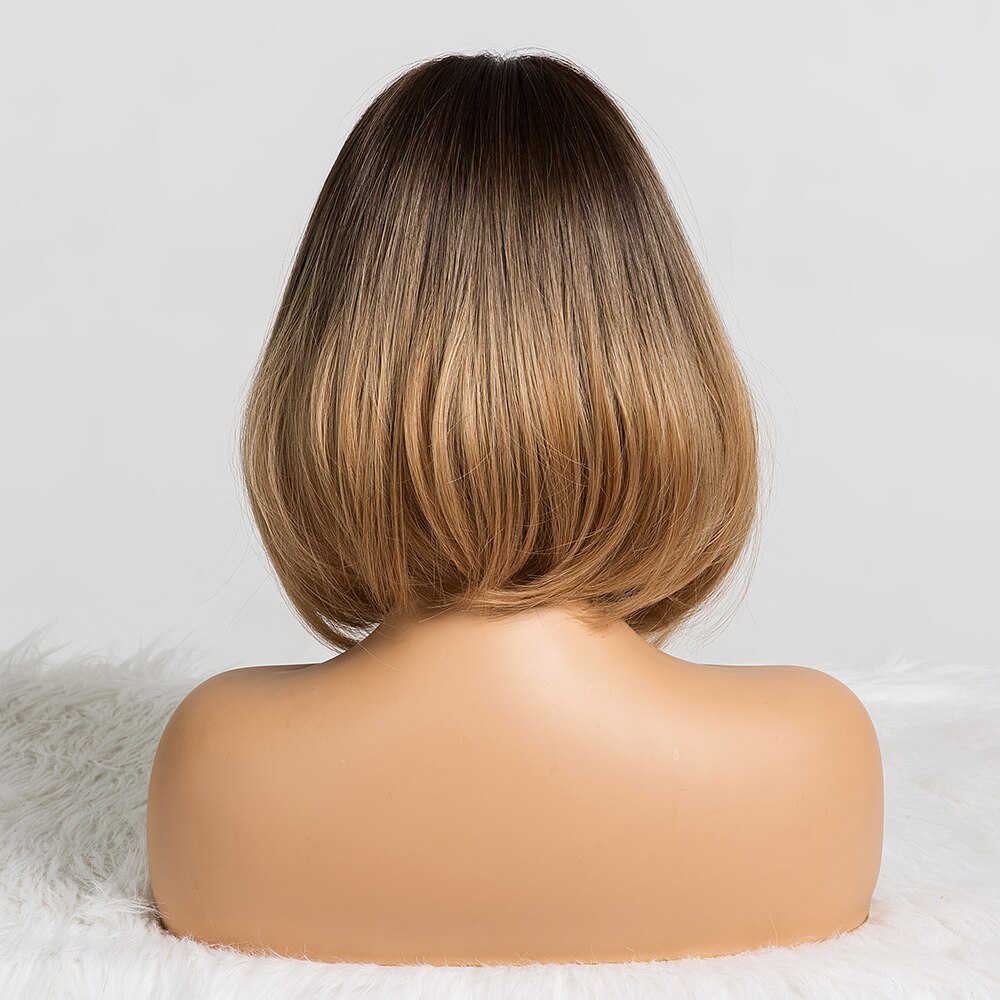 ALAN EATON Short Straight Ombre Black Brown Synthetic Wigs with Bangs for Women Bob Wig Heat Resistant Lolita Cosplay wig 12inc