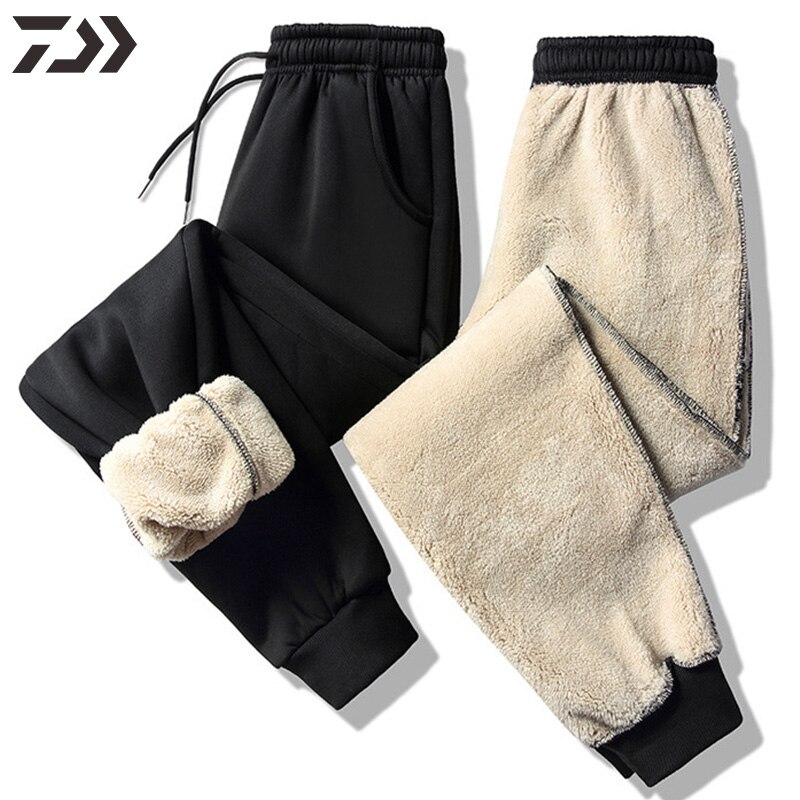 M-7XL Daiwa Cashmere Fishing Pants Men Winter Thick Velvet Keep Warm Solid Knitted Camping Clothes Minus Celsius Drawstring Pant