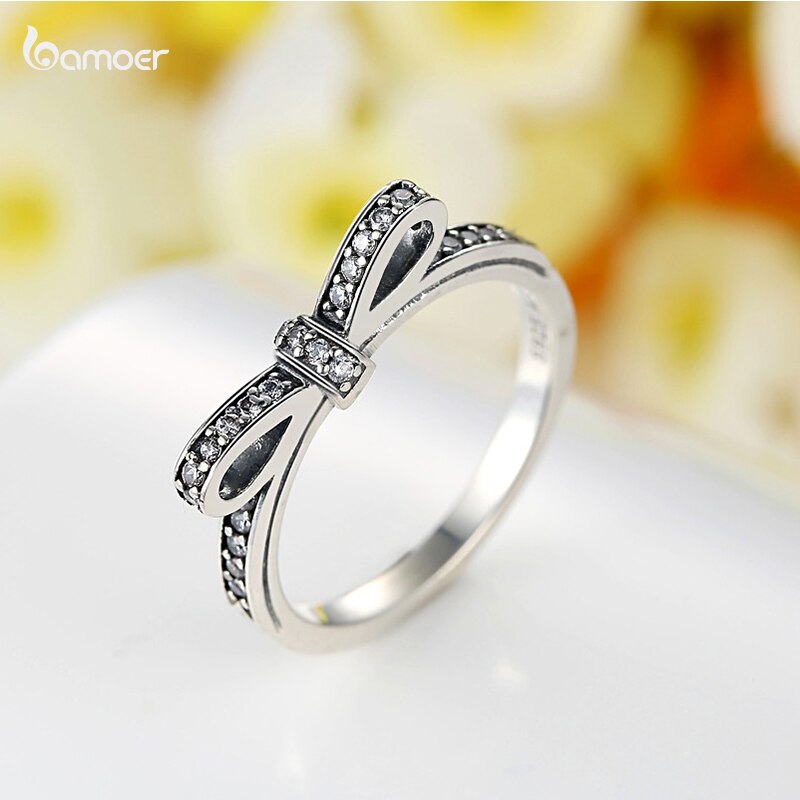 Bamoer 925 Sterling Silber Funkelnden Bogen Knoten Ringe Mikro Pflastern CZ für Frauen glänzend Zirkon Hochzeit Jahrestag Schmuck Pa7104
