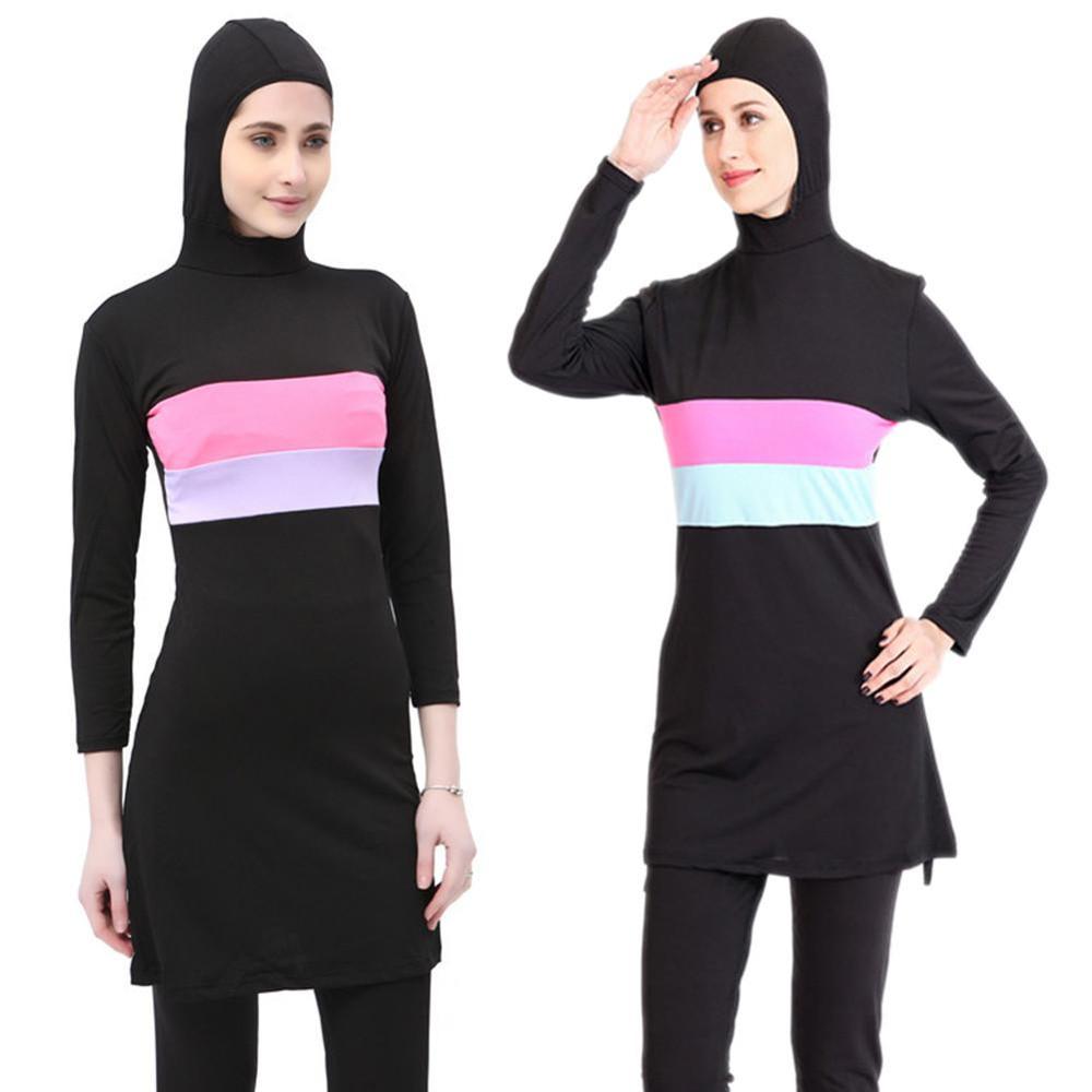 Women Long Sleeve Beachwear for Muslim Contrast Color Hooded Arab Hijab Islamic Swim Surf Wear Burkinis Suit Swimsuit Plus Size