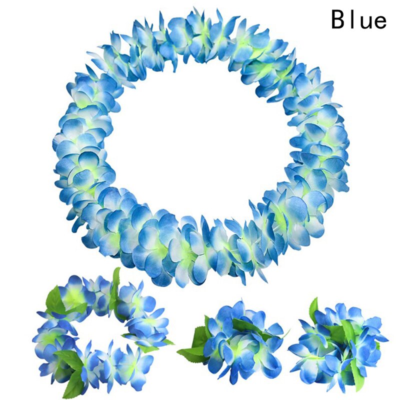 4 stuks/set kunstmatige hawaiiaanse feestkrans armband hoofdband ketting bloemenkrans bloemen diy krans verjaardagsfeestdecoratie: Blauw