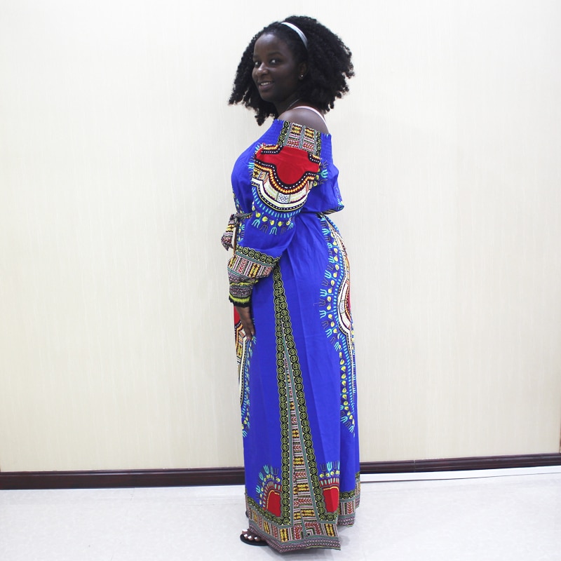 African Dashiki Off Shoulder Long Sleeve Blue Cotton Print Long Dress