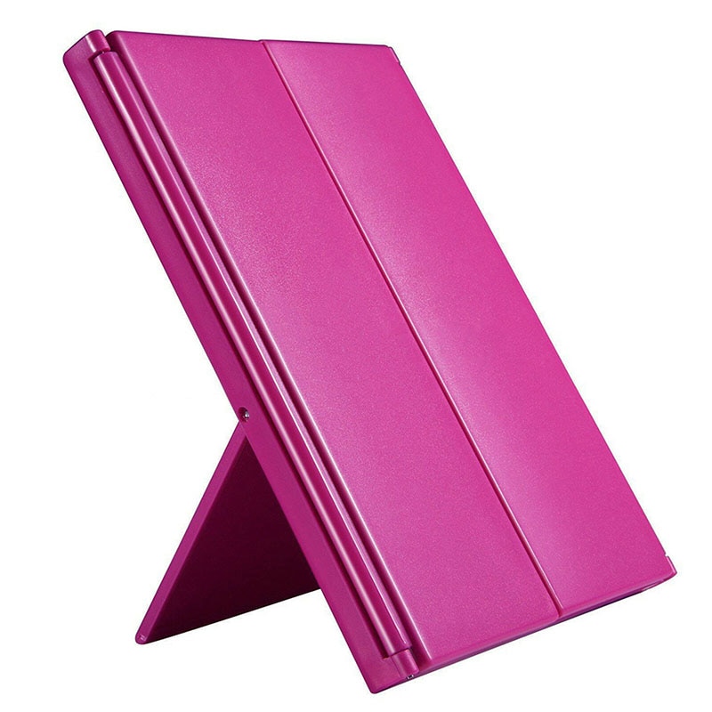 Portable Folding Makeup Mirrors Adjustable Tri-Fold 8 LED Lights Lighted Mirror Makeup Tools with Stand: Rose red