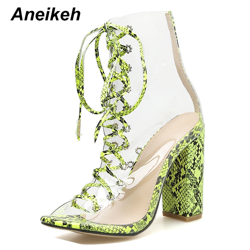 Aneikeh Novelty PVC Vrouwen Laarzen Serpentine Transparante Peep Toe Lace-Up Schoenen Dans Vierkante Hoge Hak Enkel maat 35-42