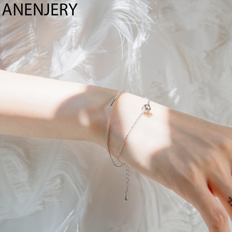 Anenjery Eenvoudige Zilveren Kleur Double-Layer Vierkante Zirkoon Armband Voor Vrouwen Pulseras Bruiloft Sieraden S-B54