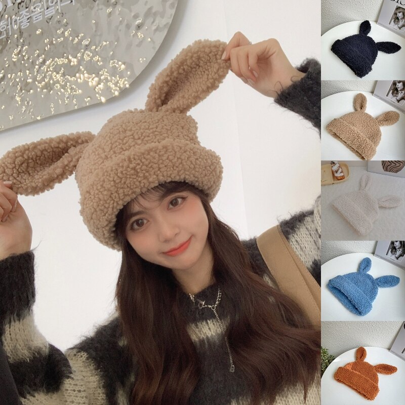 Cute Bunny Ears Hat Outdoor Lamb Wool Cap Fluffy Beanie Winter Warm Xmas for Wife Girlfriend Teens Sisters Lover