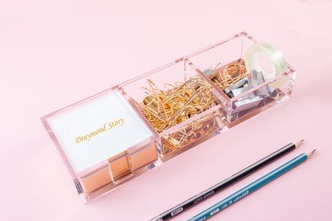 High - end acrylic three - cell notes box transparent transparent metal lattice office stationery Office supplies set
