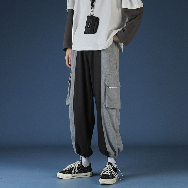 2020 Tendência Da Moda Dos Homens do Estilo coreano Costura Calça Casual Masculino Streetwear Calças Corredores Moletom Solta Cor Preta M-2XL