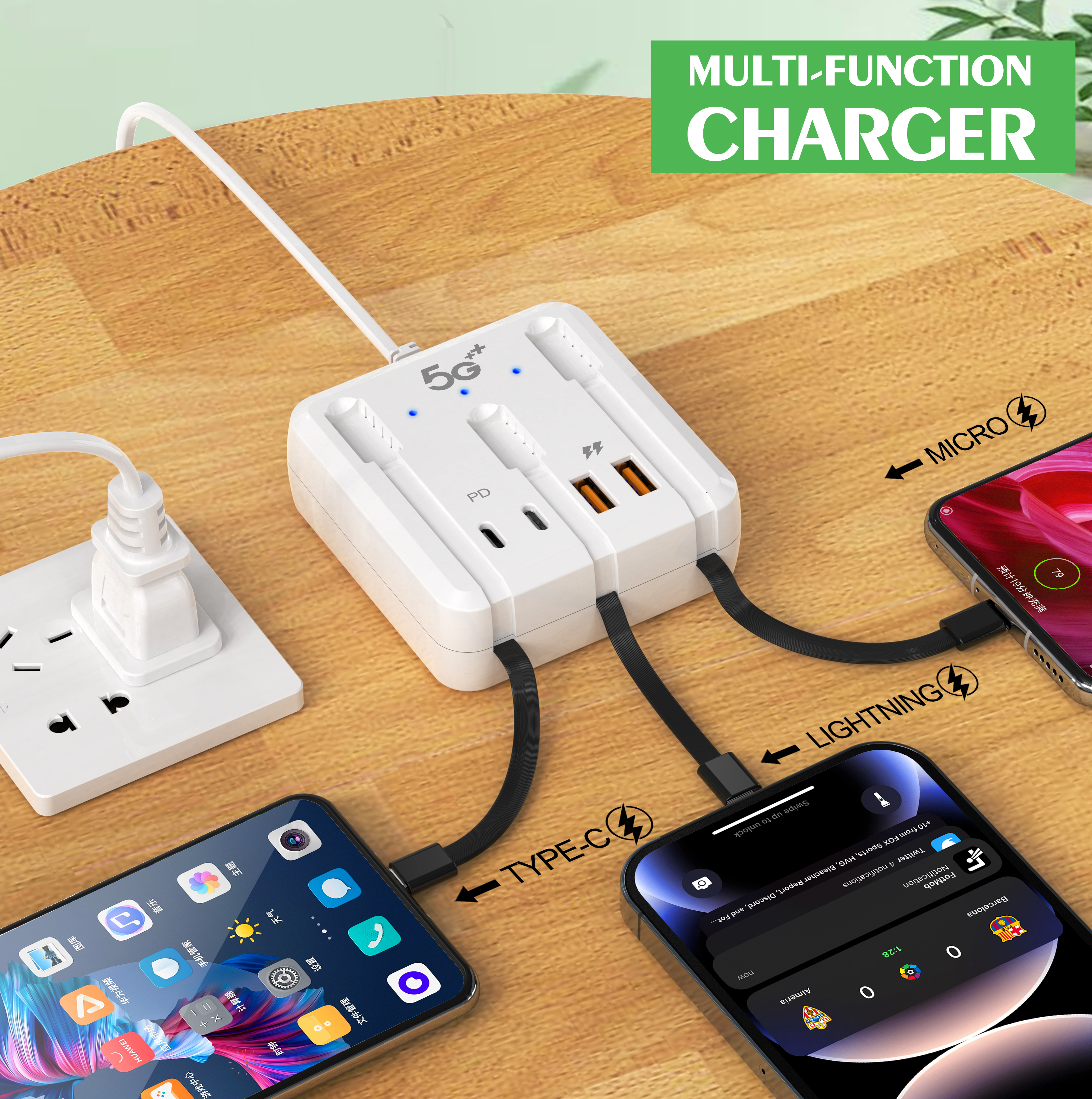 Cargador USB C PD de 4 puertos, estación de carga rápida, tira de alimentación divisora con Cables de carga, adaptador de concentrador USB tipo C, cargadores rápidos