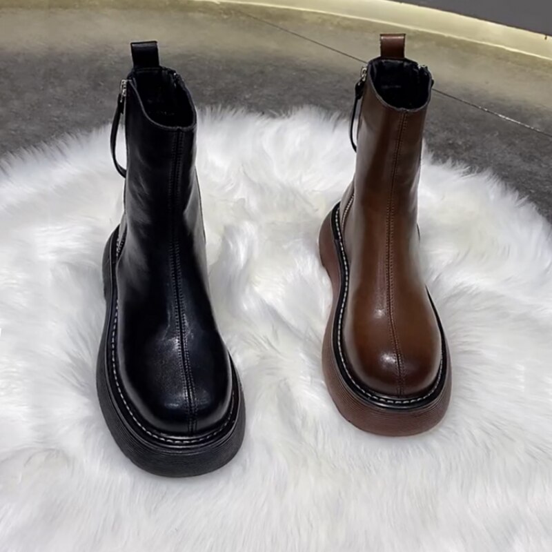 Thick Heel Platform Chelsea Boots for Women Zipper Boots Winter Round Toe Boots PU Leather Riding Boots