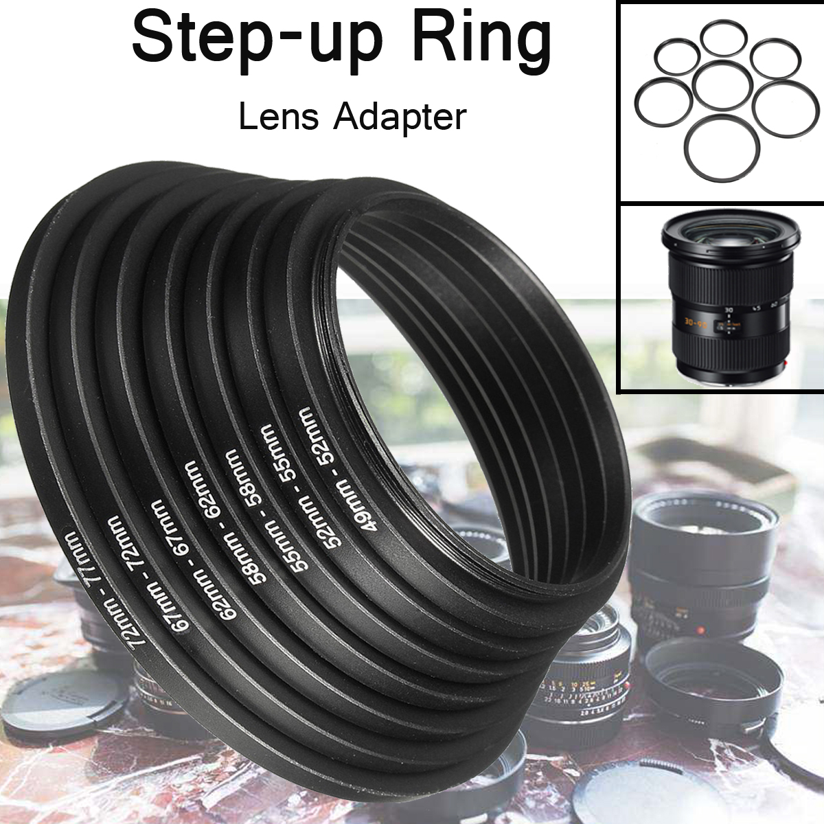7 Stuks Metal Step Up Ringen Aluminium Universele Lens Adapter Filter Set 49-52-55-58- 62-67-72-77 Mm 49 Mm-77 Mm