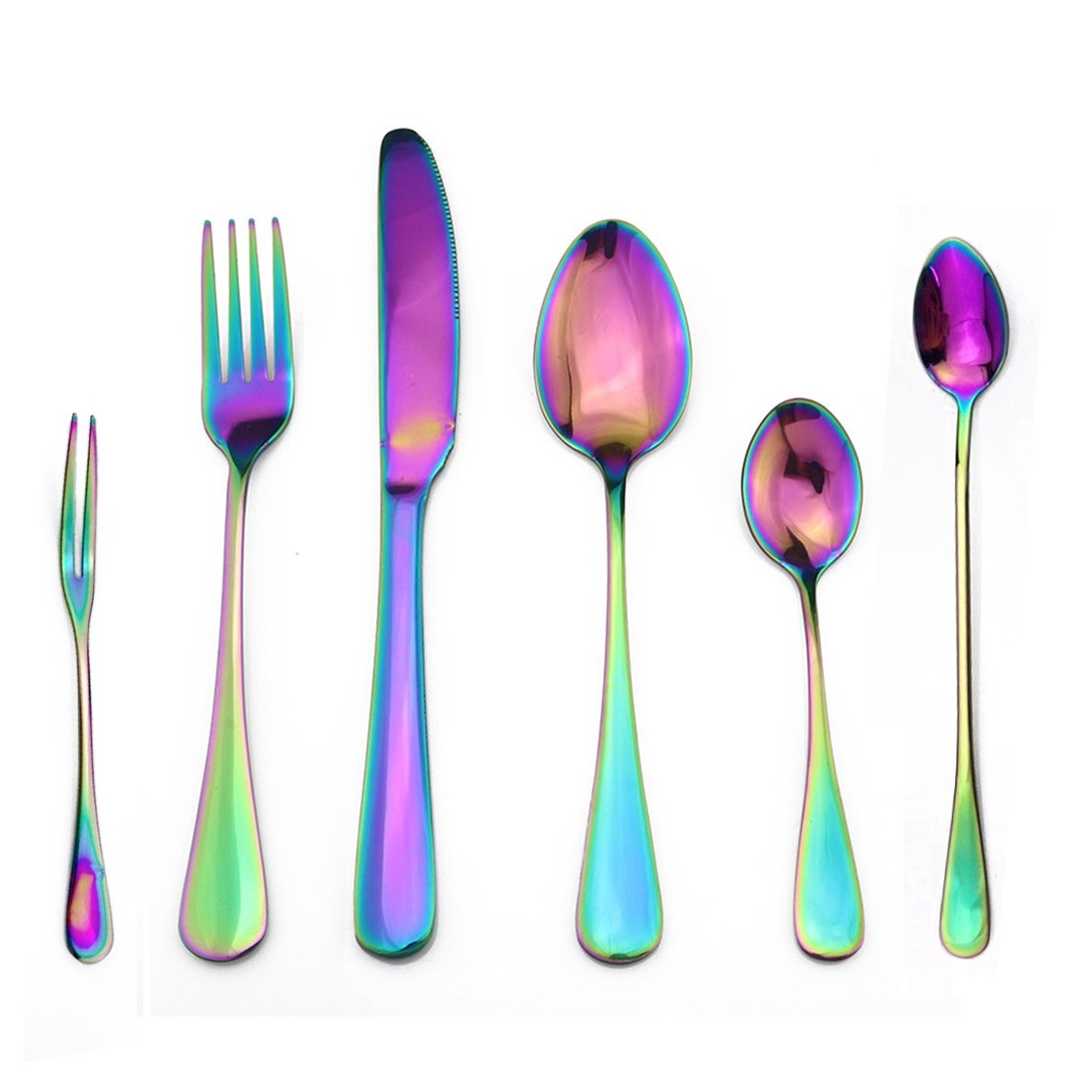 Iridescen Rainbow Flatware Set Stainless Steel Cutlery of Sets Fruit Salad Forks Long Coffee Spoon Dinnerware Set Service for 1