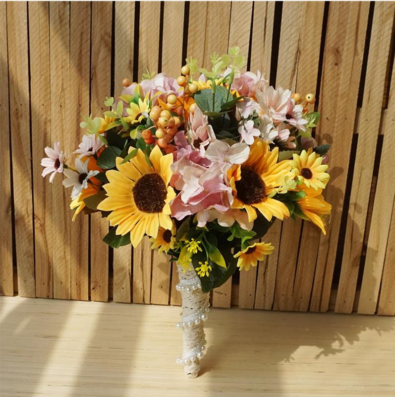 H &amp; S – bouquet de mariage avec poignée en dentelle, tournesol, fleurs de demoiselle d&#39;honneur jaunes, fleur artificielle de mariage: Default Title