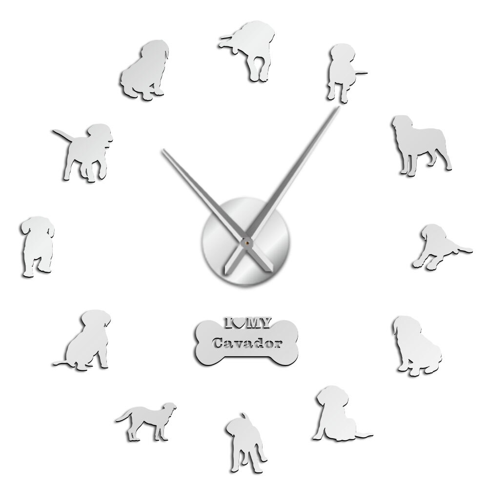 Gemengde hondenras cavador 3d acryl diy wandklok cavalier king charles spaniël labrador retriever puppy hondje huisdier wandhorloge: Zilver / 27 inch